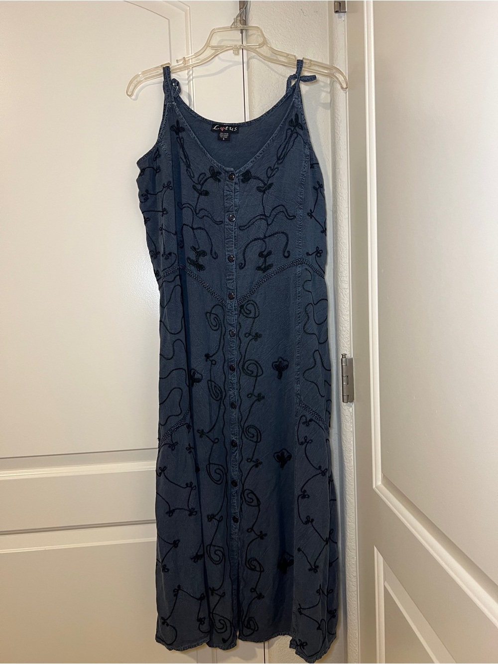Whimsigoth Festival Boho Y2K Lotus Embroidered Dress Blue Flowy Earth Natural